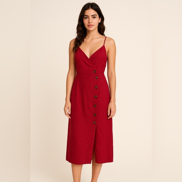 NWOT Lush Cranberry Red Linen Blend Button Asymmetrical Wrap Look Midi Dress XL - Picture 1 of 11